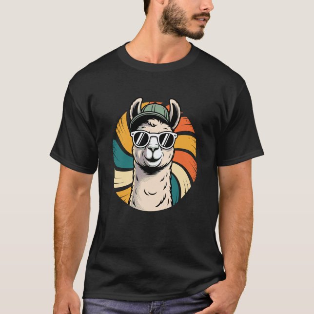 Camiseta Óculos de Sol de Lhama com Redemoinho Retrô Lhamas (Frente)