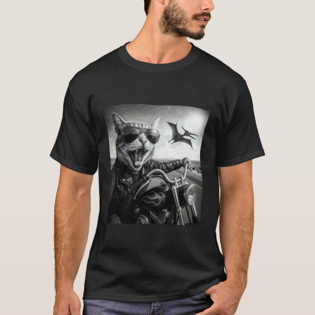 Camiseta Óculos de Sol de Moto Funny Cat Dinossauro Chase (Frente)