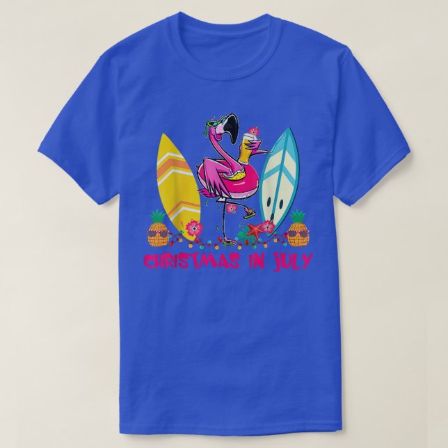Camiseta Óculos de sol de Natal do Flamingo Luzes Surfando  (Frente do Design)
