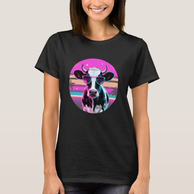 Camiseta Óculos de Sol de Vaca Synthwave Retro Gado (Frente)