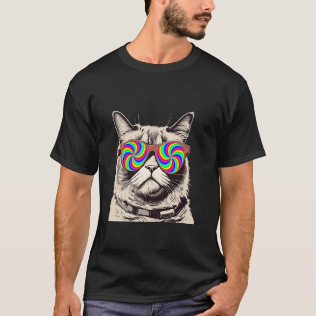 Camiseta Óculos de Sol Divertidos Redemoinho Arco-Íris Gato (Frente)