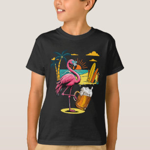 Camiseta Óculos de Sol Flamingo Bebendo Cerveja na Praia En