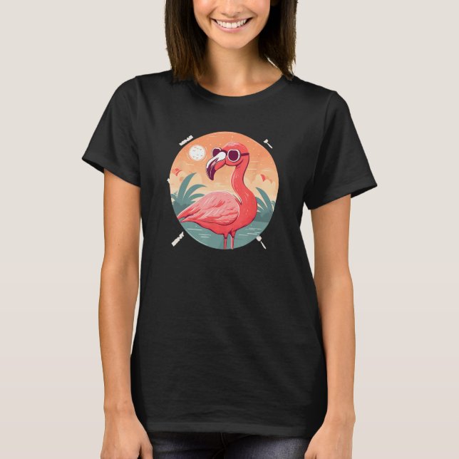 Camiseta Óculos de Sol Flamingo Rosa Pássaro Tropical (Frente)