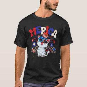 Camiseta Óculos de Sol Groovy Merica Gato Bandeira dos EUA