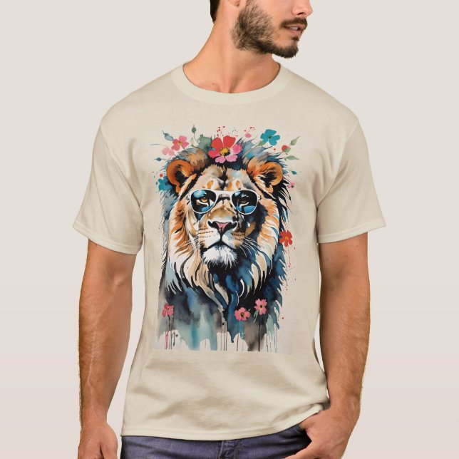 Camiseta Óculos de sol legal para Visto do Leão Gato com Fl (Frente)