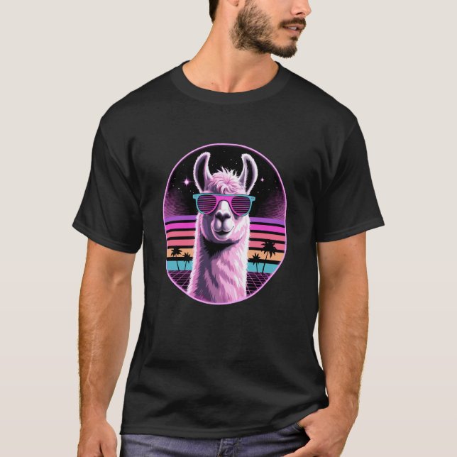 Camiseta Óculos de Sol Llama Retro Synthwave Llamas (Frente)