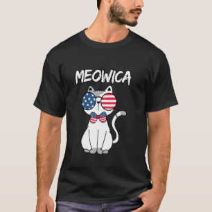 Camiseta Óculos de Sol Meowica Gato Bandeira Americana 4 de