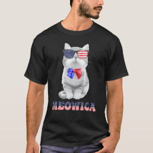 Camiseta Óculos de Sol Meowica Gato EUA Bandeira Americana