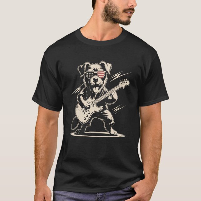 Camiseta Óculos de Sol Patrióticos Cachorro Tocando Gui da  (Frente)
