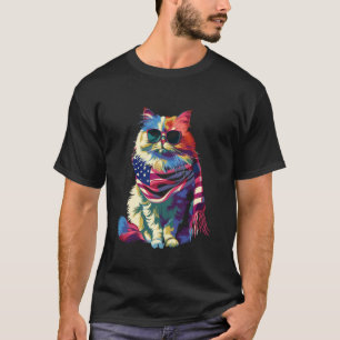 Camiseta Óculos de Sol Popart Gato Persa Patriótico Bandeir