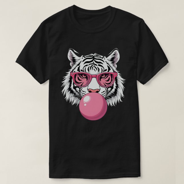 Camiseta Óculos de Visto Tigre e Goma-Bolha Rosa Piscada (Frente do Design)