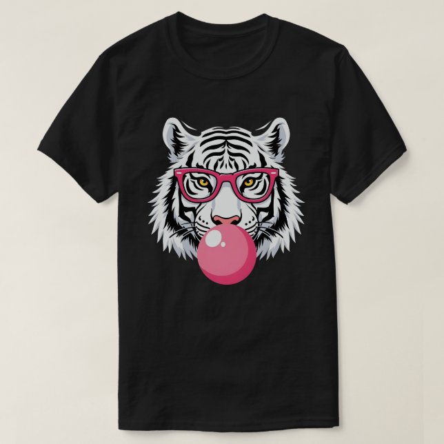 Camiseta Óculos de Visto Tigre e Goma-Bolha Rosa Piscada (Frente do Design)