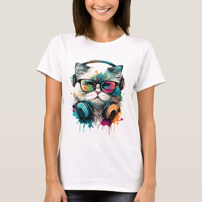 Camiseta Óculos e auscultadores para Vestir Gatos (Frente)