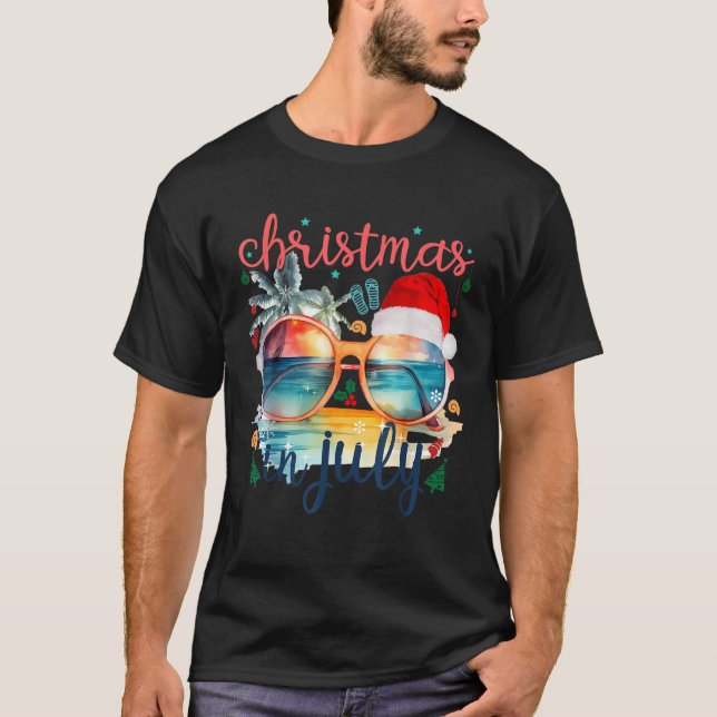 Camiseta Óculos escuros Natal em julho Santa Hat Summer Vac (Frente)