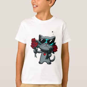 Camiseta Óculos legal Vestindo Gatos Segurando Rosas Estrel