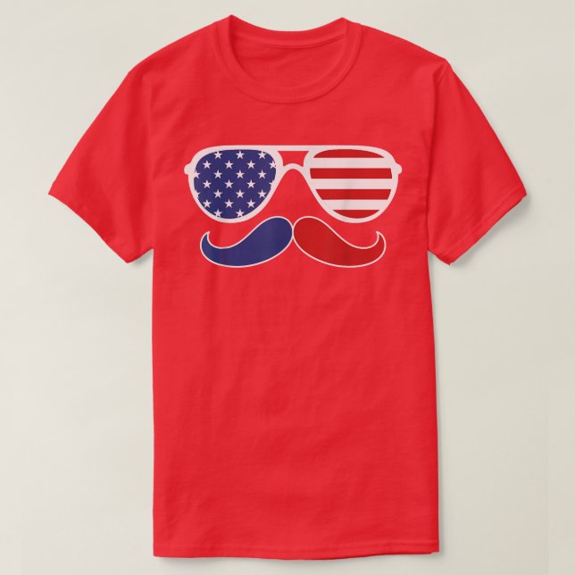 Camiseta Óculos solares Bandeira Americana Mustache 4 de ju (Frente do Design)