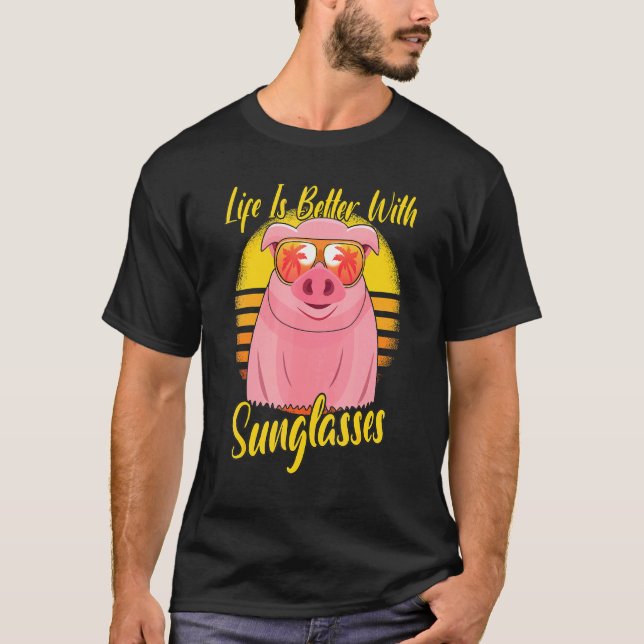 Camiseta Óculos Solares Retro Sunset Beach Vacing Pig (Frente)