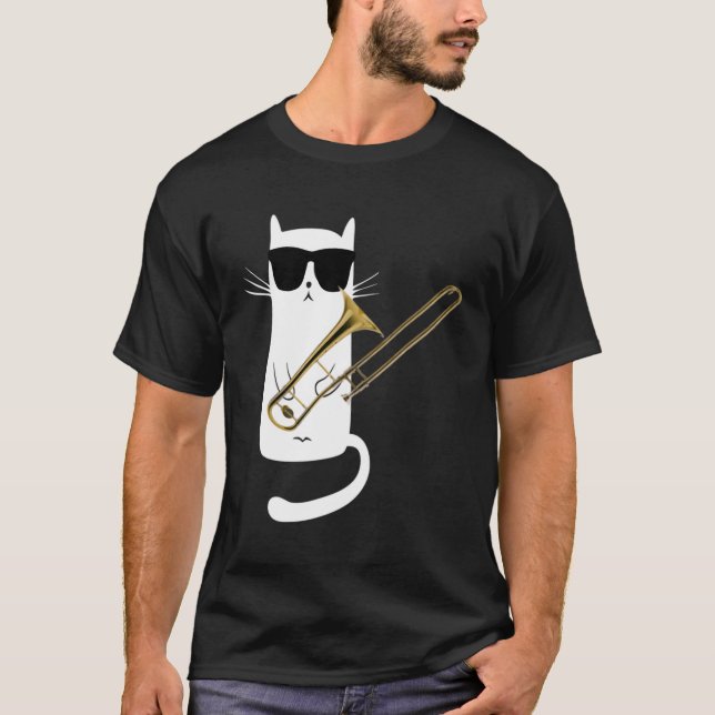 Camiseta Óculos solares Vestindo Gatos tocando Trombone (Frente)