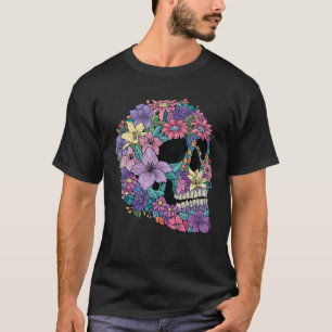 Camiseta Oculto da Tatuagem do Crânio Floral do Rosa Pastel