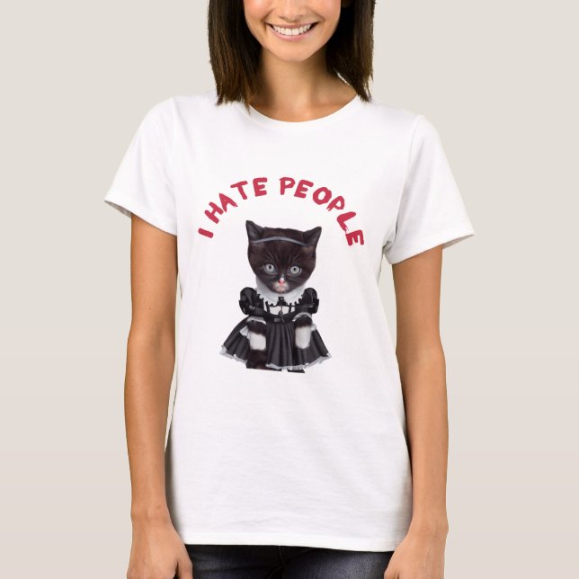 Camiseta Odeio Pessoas - Gato vestido como Dama de Quarta-f (Frente)