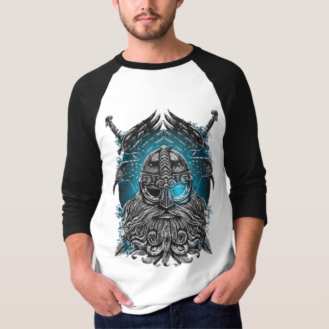 Camiseta Odin Corvos e Espadas Olho Luminoso Azul deus nórd (Frente)