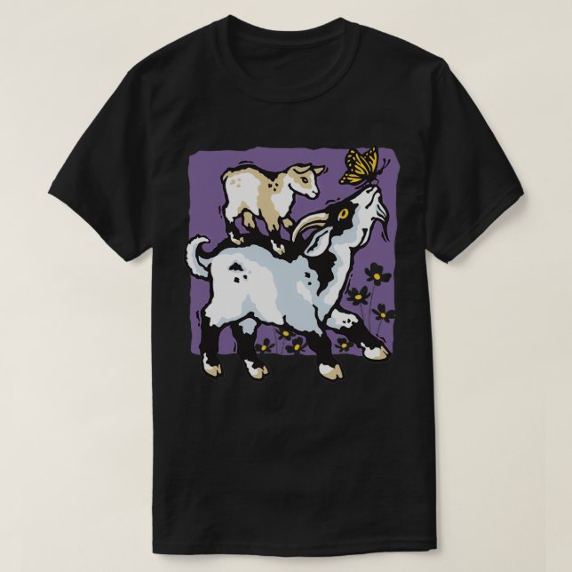 Camiseta of Pygmy Goats and Butterfly on Purple  (Frente do Design)