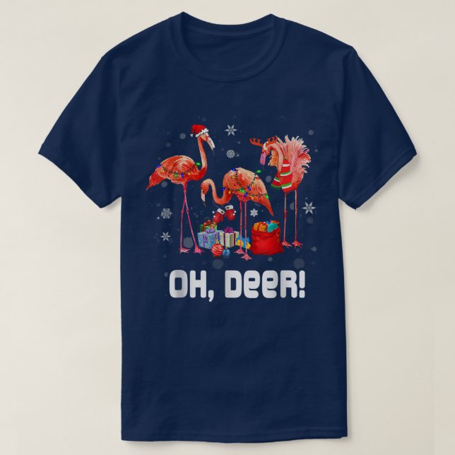 Camiseta Oh Deer Pink Flamingo Feliz Luzes de Fada de Natal (Frente do Design)