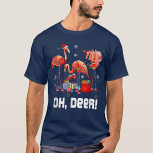 Camiseta Oh Deer Pink Flamingo Feliz Luzes de Fada de Natal