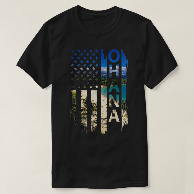 Camiseta Ohana hawaii Summer Sunset American Flag Patriótic (Frente do Design)