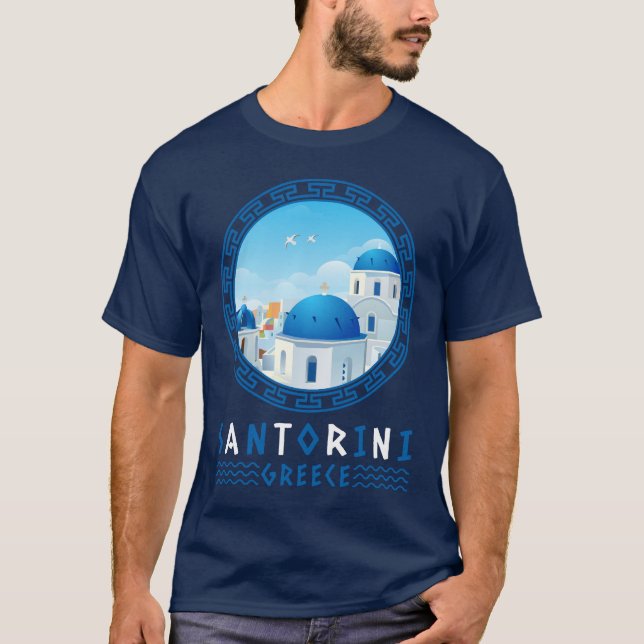 Camiseta Oia, Santorini, Marinho de Grécias (Frente)
