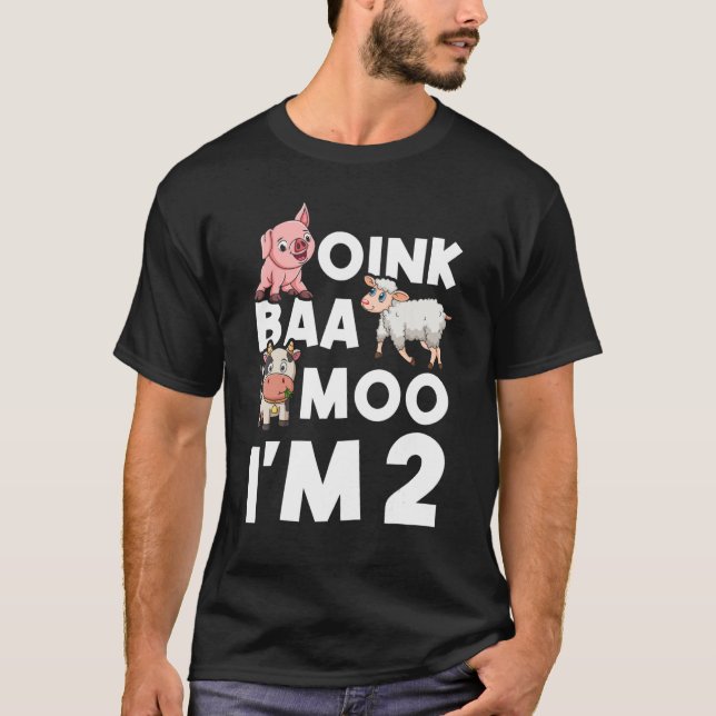 Camiseta Oink Baa Moo Eu sou 2 Crianças de Aniversário (Frente)