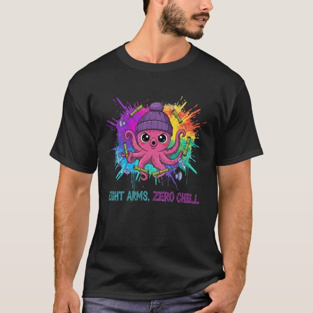 Camiseta Oito Braços, Zero Calma – Polvo Rosa Fofo  (Frente)