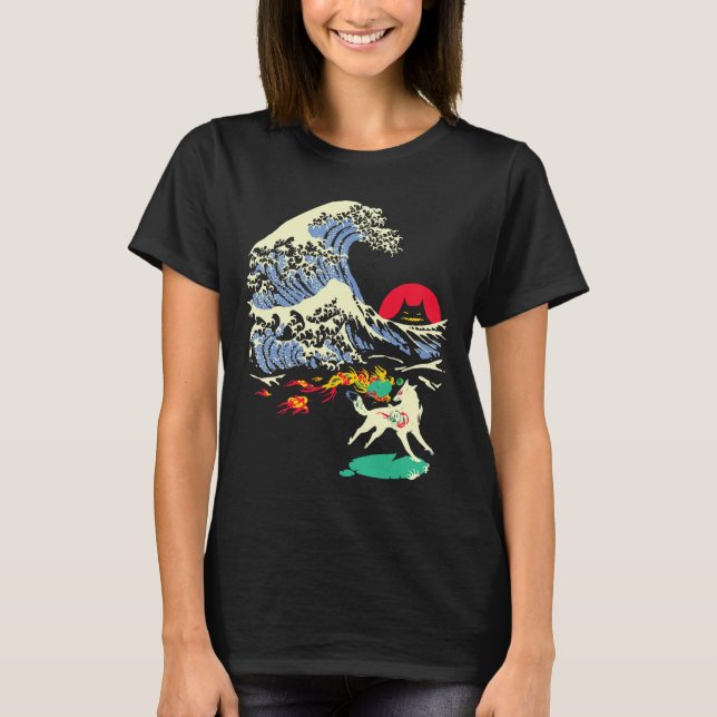 Camiseta Okami Amaterasu Sun Deus Wolf O Vídeo Da Onda Do E (Frente)