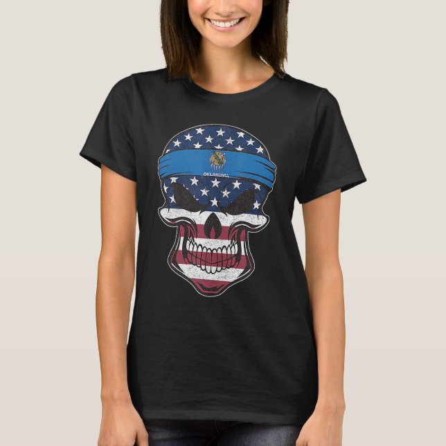 Camiseta Oklahoma American Flag Skull State Flag (Frente)