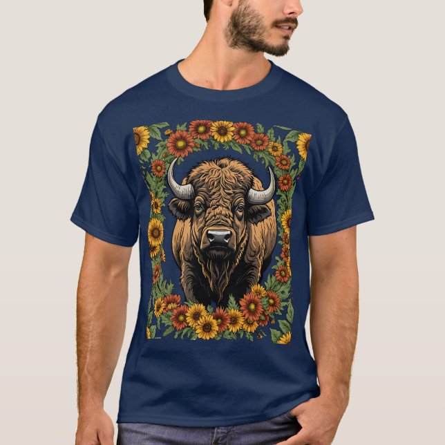 Camiseta Oklahoman Buffalo Cercado Por Flores Estilizadas (Frente)