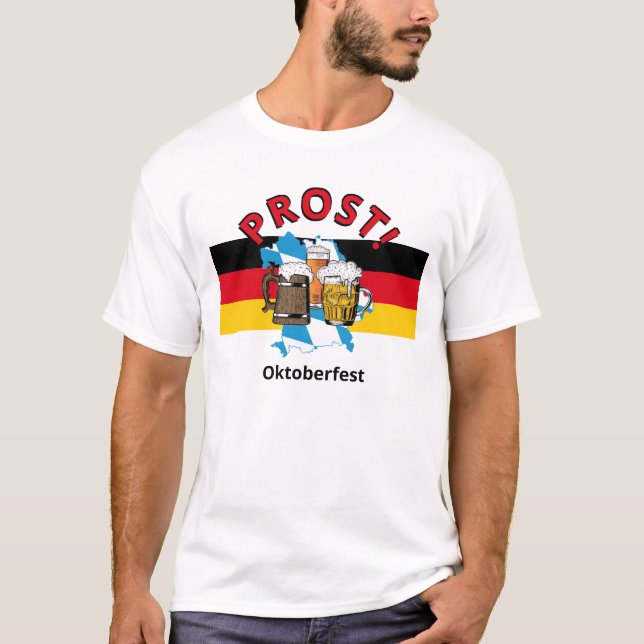 Camiseta OKTOBERFEST Bandeira alemã PROST Bebidas de Cartoo (Frente)