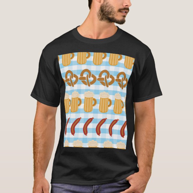 Camiseta Oktoberfest: cerveja, pretzel, padrão de salsicha (Frente)