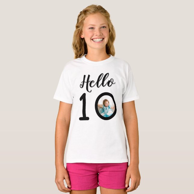 Camiseta Olá 10 Foto Personalizada 10º Aniversário Crianças (Frente Completa)