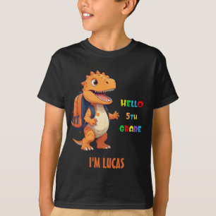 Camiseta Olá Dinossauro do ano de 5 com nome de volta à esc