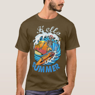 Camiseta Olá Esqueleto de Verão surfando vintage girassol