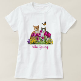 Camiseta Olá, Gatos de Primavera no Jardim Flor de Tulip