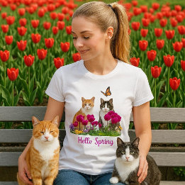 Camiseta Olá, Gatos de Primavera no Jardim Flor de Tulip