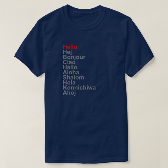 CAMISETA OLÁ HEJ BONJOUR CIAO HALLO ALOHA SHALOM HOLA (Frente do Design)