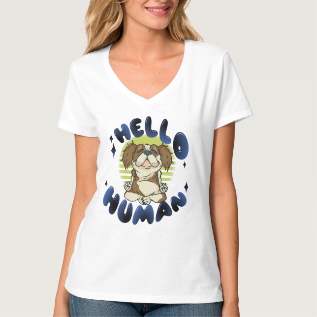 Camiseta Olá humano Cão ioga meditando (Frente)