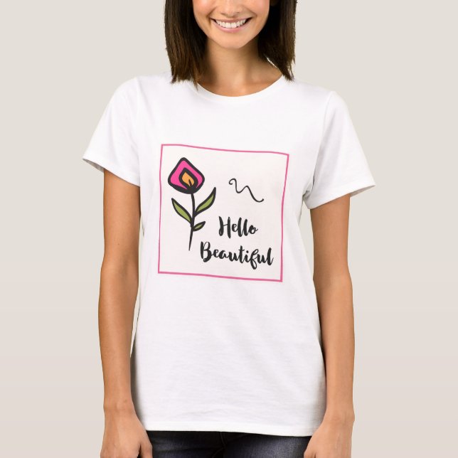 Camiseta Olá Linda Flor Laranja Rosa Bonito (Frente)