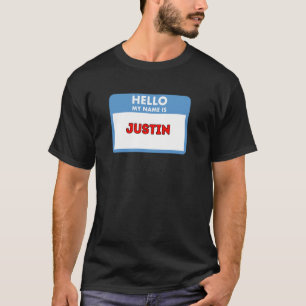 Camiseta Olá, meu nome é Justin, tema de crachá