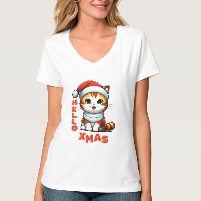 Camiseta Olá, Natal - Gato de Natal bonito numa fantasia de (Frente)