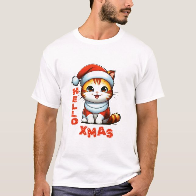 Camiseta Olá, Natal - Gato de Natal bonito numa fantasia de (Frente)