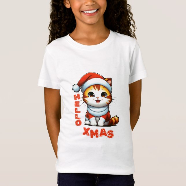 Camiseta Olá, Natal - Gato de Natal bonito numa fantasia de (Frente)