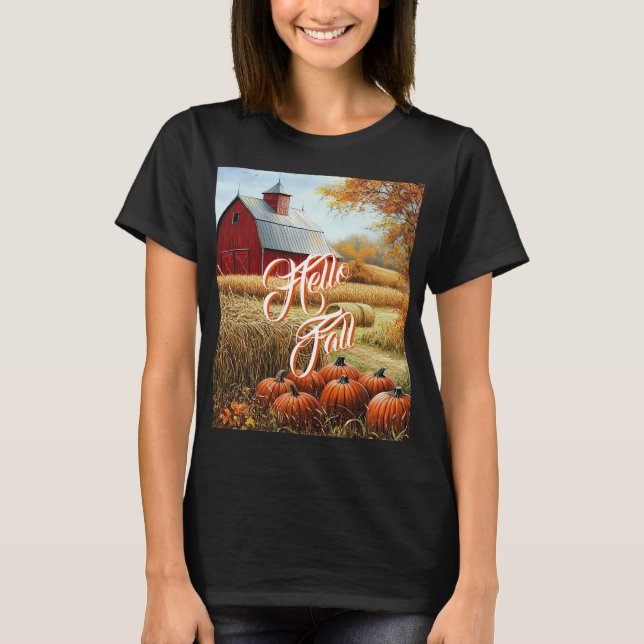 Camiseta Olá, outono, Ação de Graças, Pumpkins do Barn Rura (Frente)